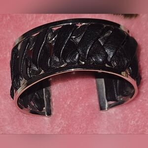 Vintage Black Braided Leather& SilverTone Metal Cuff Bracelet Approx 7" Fit GUC